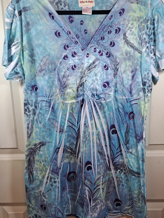 Toffee Apple Tops - Toffee n' Apple Blue Peacock-Print V-Neck Tunic